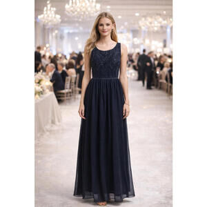 Adrianna Papell Navy Beaded Chiffon Maxi Dress Sz 6 NWT Bridesmaid MOB Gala Prom